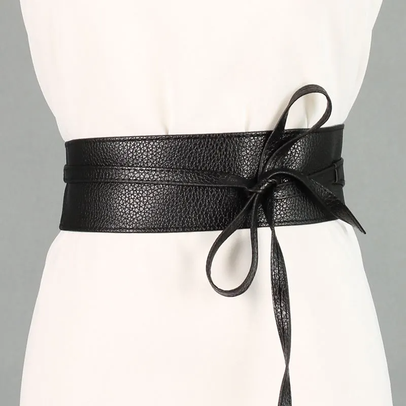 Women Fashion Solid Color Wide Leather Bowknot Tight Waistband For Dress