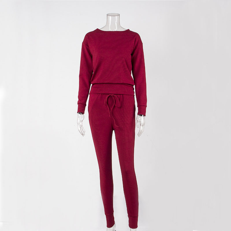 Women Fashion Solid Color Long Sleeve Rib-Knit Top And Drawstring Waist Pants Two Piece Set