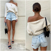 Women Fashion Street Solid Color Loose One Shoulder Long Sleeve Knitted Sweater