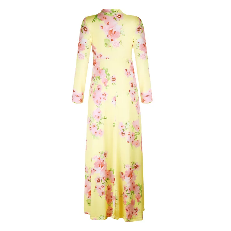 Ramadan /Eid Women Casual V-Neck Long-Sleeve Lace-Up Flower Print Maxi Swing Dress