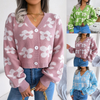 Women Fashion Color Block Floral Lantern Sleeve Cardigan Sweater Coat