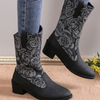 Women Fashion Vintage Plus Size Floral Embroidery Pointed Toe Mid-Calf Boots