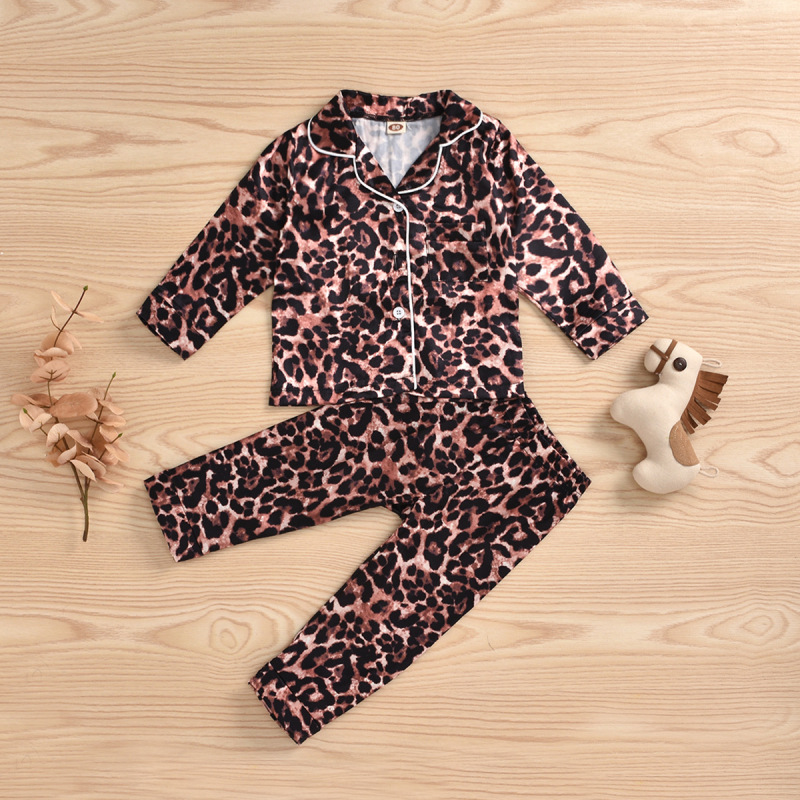 Children Kids Toddlers Girls Leopard Print V-Neck Long-Sleeved Tops And Pants 2pcs Pajamas Set