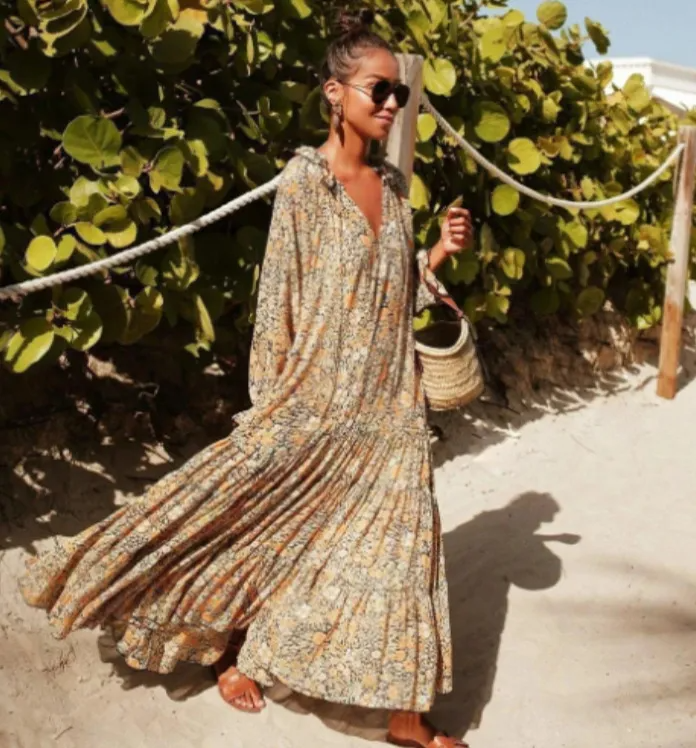 Women Ramadan /Eid Fashion Bohemian Small Tiny Flower Print Long Sleeve Maxi Dress