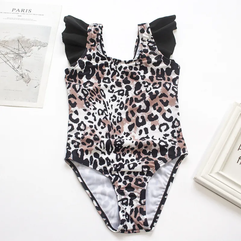 Children Kids Baby Fashion Girls Ruffle Leopard Print Sleeve One Piece Swimsuit