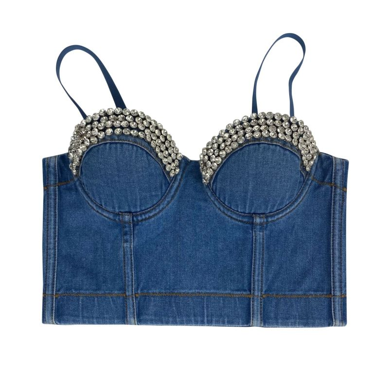 Women Fashion Denim Rhinestone Camisole Corset