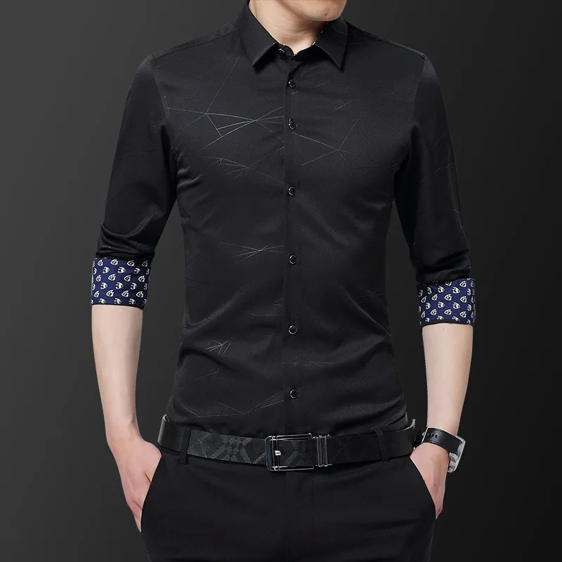 Men'S Casual Color Matching Irregular Line Slim Long-Sleeved Shirt