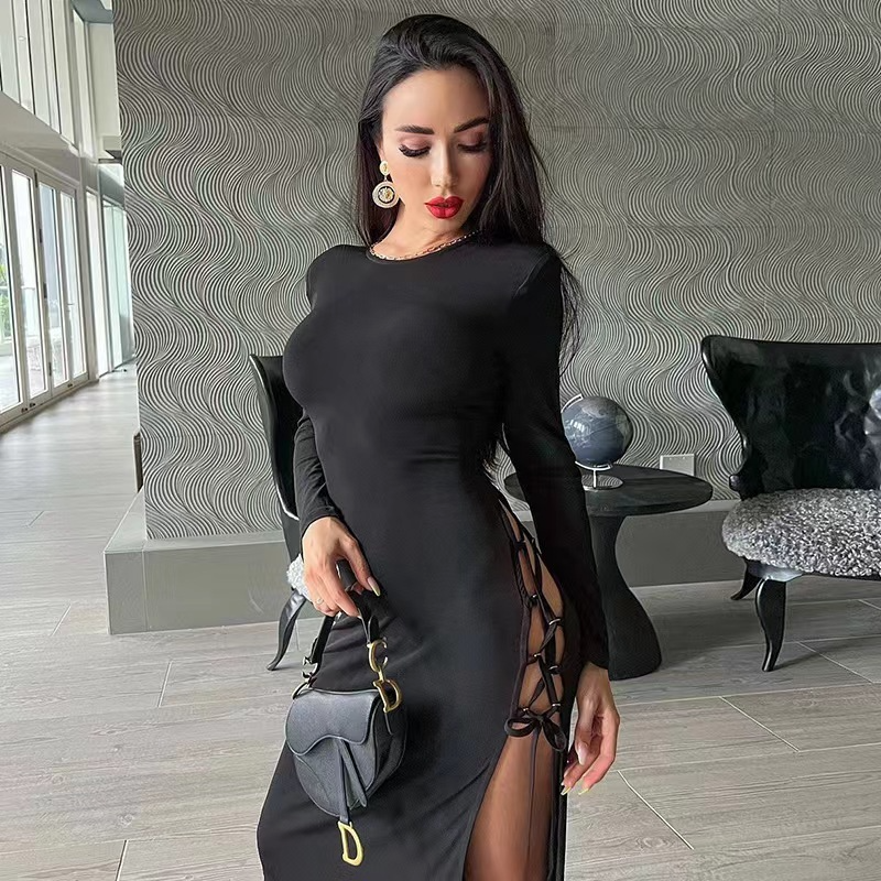 Women Fashion Sexy Long Sleeve Backless Slit Bandage Dress