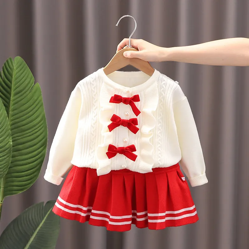 (Buy 1 Get 1 ) Kids Toddler Girls Autumn Winter Fashion Casual Simple Solid Color Bow Sweater Pleated Skirt Set