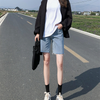 Women Loose Retro Raw Edge Straight Jean Wide Leg Denim Shorts