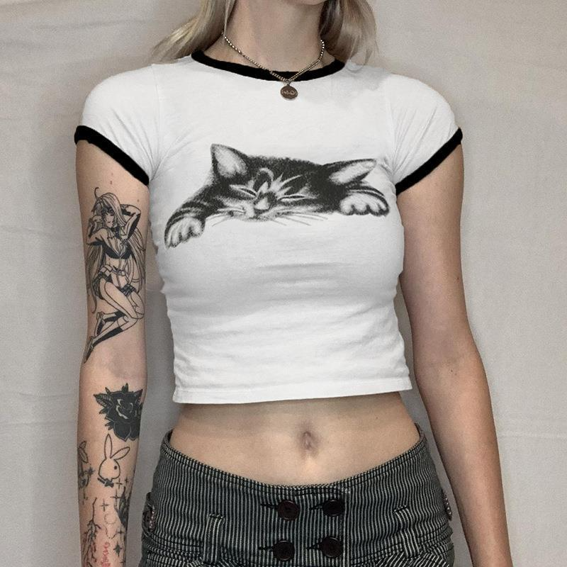 Women Street Fashion Strap Edgy Girl Cute Cat Print Round Neck Cropped T-Shirt