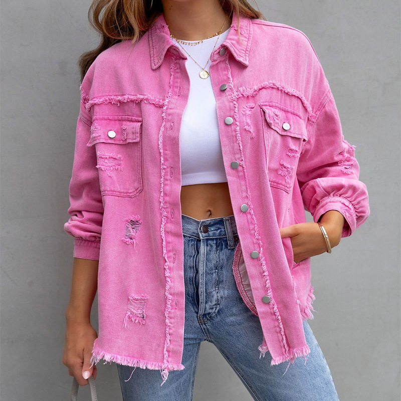 Women Fashion Solid Color Mid-Length Ripped Loose Raw Hem Denim Jacket Coat