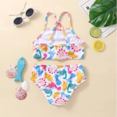 Children Kids Baby Fashion Girls Cute Multicolor Dinosaur Print Split Swimsuit 2pcs Set