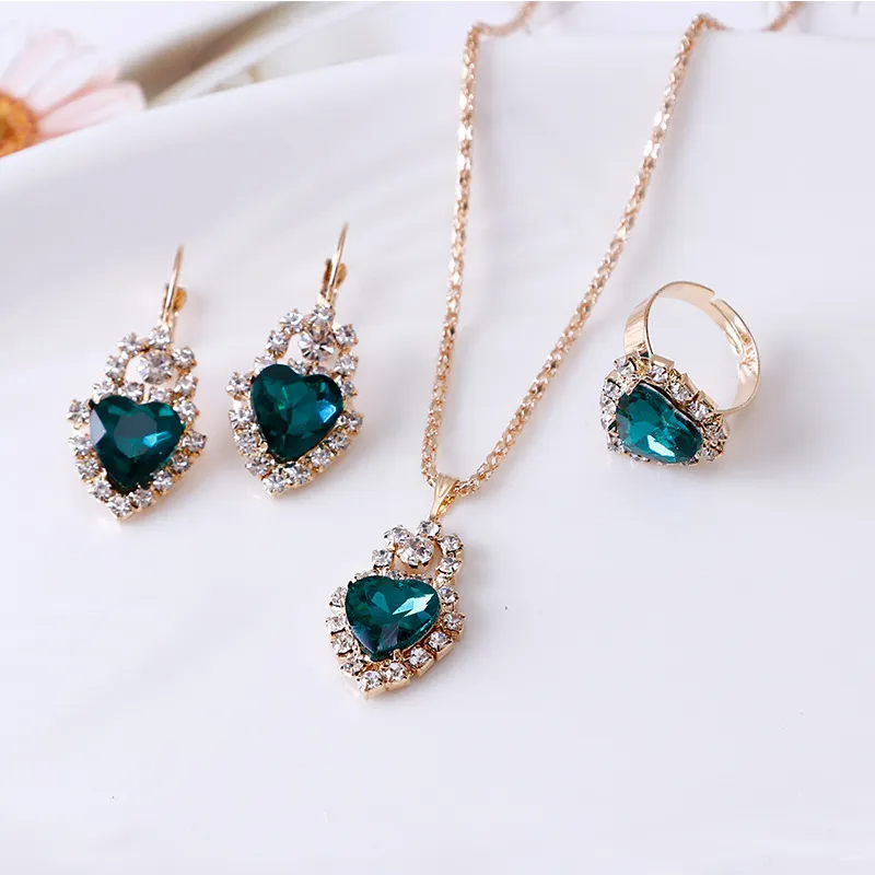 (Buy 1 Get 2) Women Fashion Heart Rhinestone Earrings Necklace Ring Set