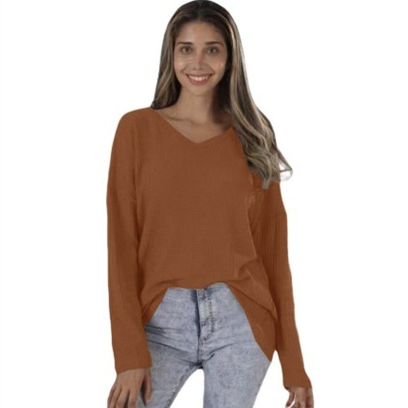 Women Autumn Loose V-Neck Large Size Knitted Bottoming Solid Color Top