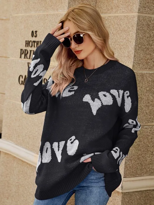 Women Simple Fashion Love Alphabet Jacquard Large Size Pullover Knitted Sweater