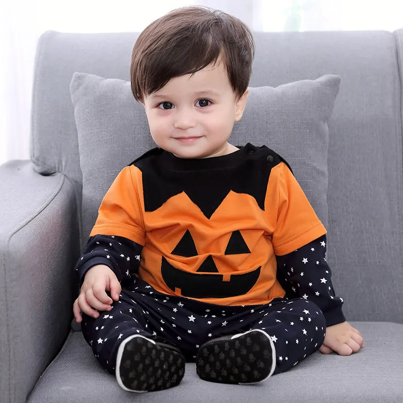 Kids Baby Girls Boys Autumn Winter Fashion Casual Cute Halloween Cotton Pumpkin Bat Round Neck Bodysuit Set