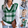 Women Fashion Casual Color Block Plaid Knitted Vest Sweater