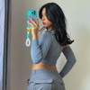 Women Solid Color Slanted Shoulder Pullover Long-Sleeved Crop Top