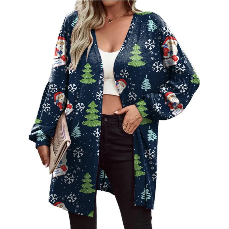 Women Fashion Cartoon Christmas Snowman Snowflake Print Long Sleeve Cardigan Jacket