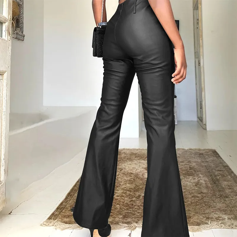 Women Fashion Edgy Solid Color PU Leather Flared Pants