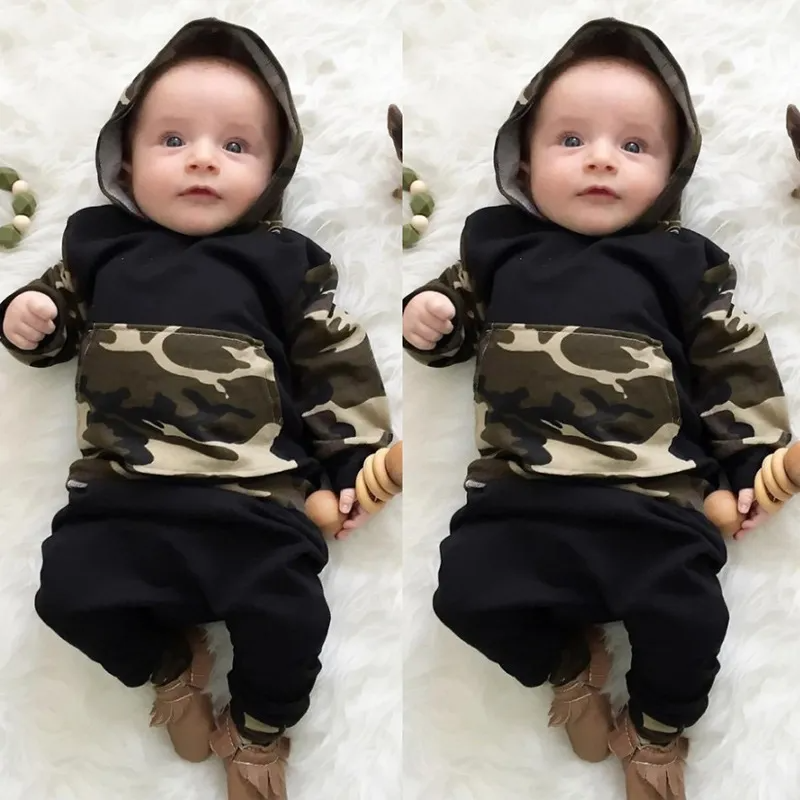 Toddlers Newborn Baby Fashion Boy Long Sleeve Camouflage Print Hoodies And Pants 2pcs Set