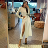 Women Elegant Solid Color Long Sleeve Side Slit Dress