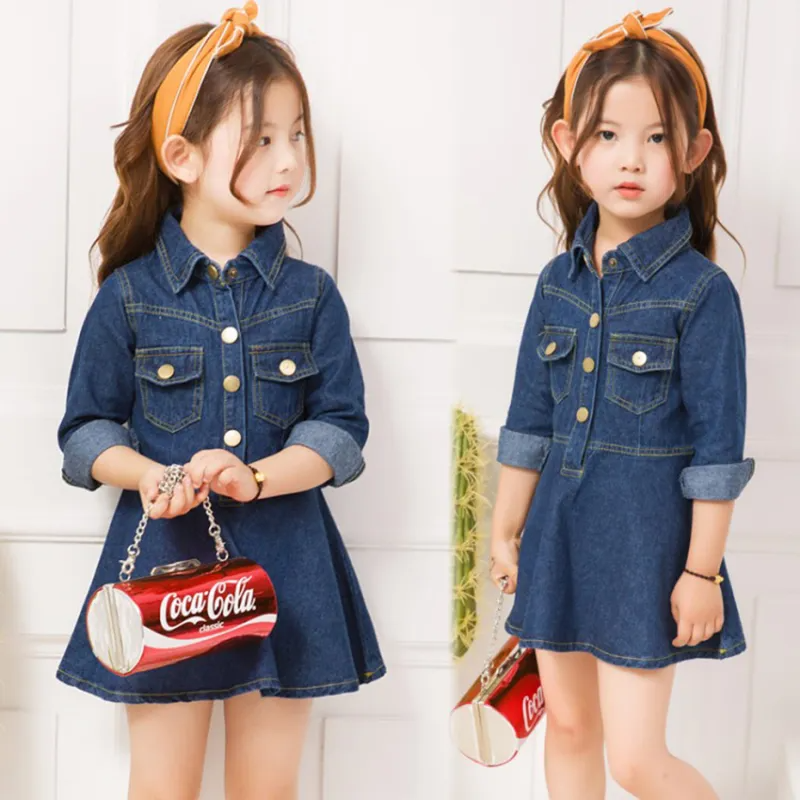 Kids Girls Simple Lapel Long Sleeve Pockets Denim Dress