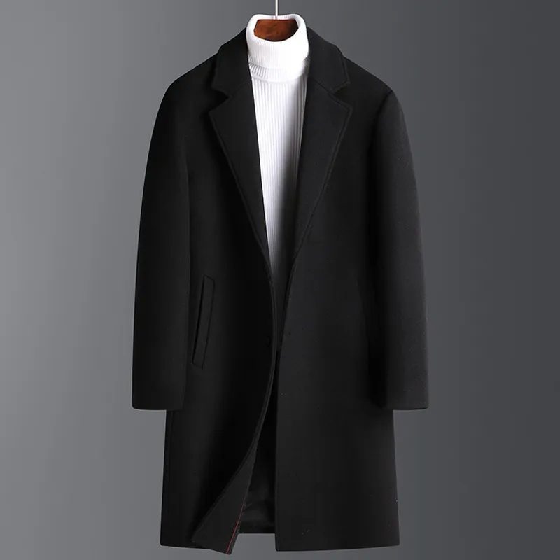 Men Autumn Winter Fashion Leisure Business Office Solid Color Long Sleeve Lapel Plus Size Long Wool Coat