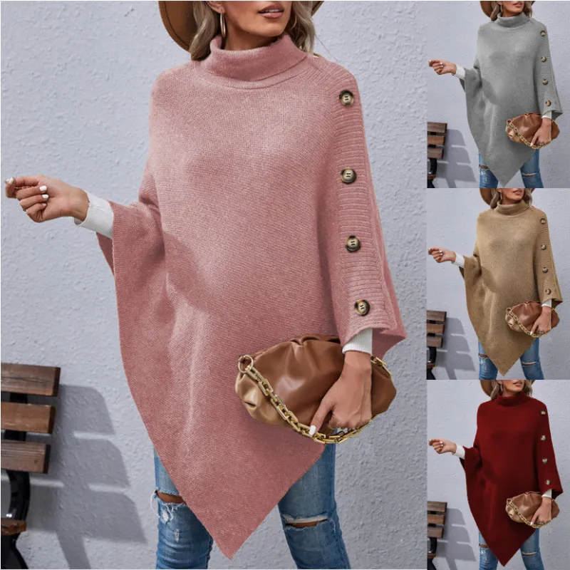 Autumn And Winter Women Fashion Button High Collar Irregular Sweater Shawl Coat