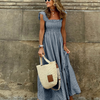 Women Fashion Casual Plaid Printing Sleeveless Square Neck Long Dress