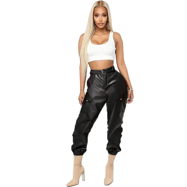 Women Fashion Casual PU Jogger Pants Belt