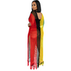 Women Summer Vacation Rainbow Color V Neck Hollow Knitted Tassel Coverup