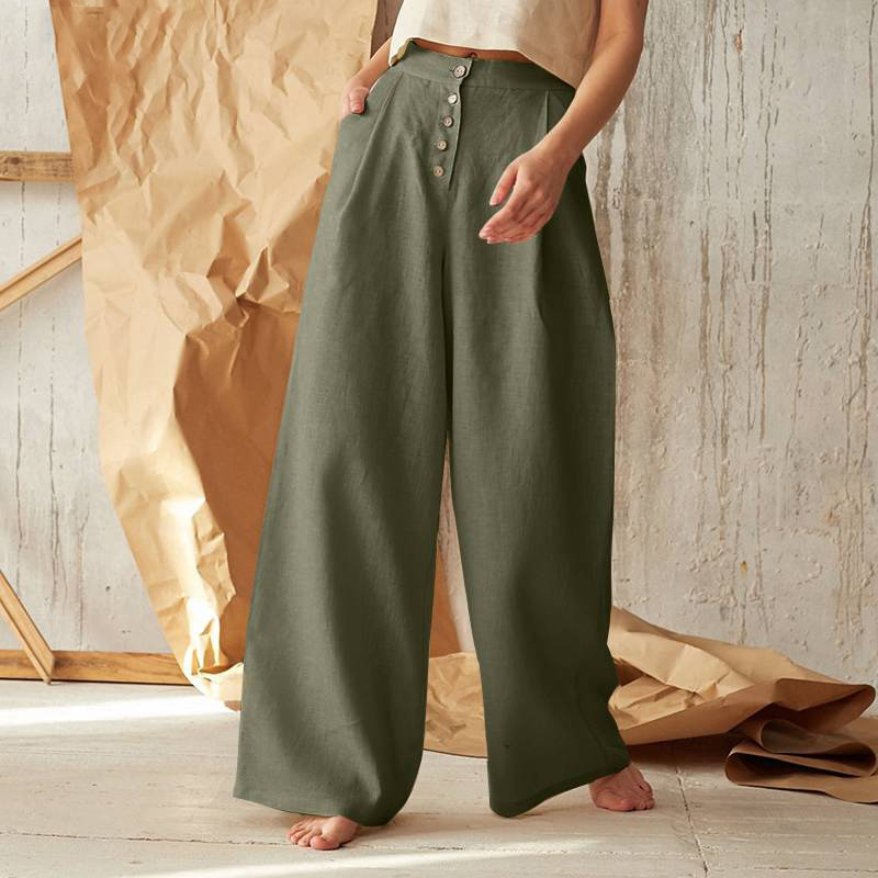 Women'S Casual Solid Color Cotton Linen Single-Breasted Button High Waist Wide Leg Pants