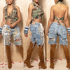 Women Fashion Casual Printed Ripped Denim Cropped Pants