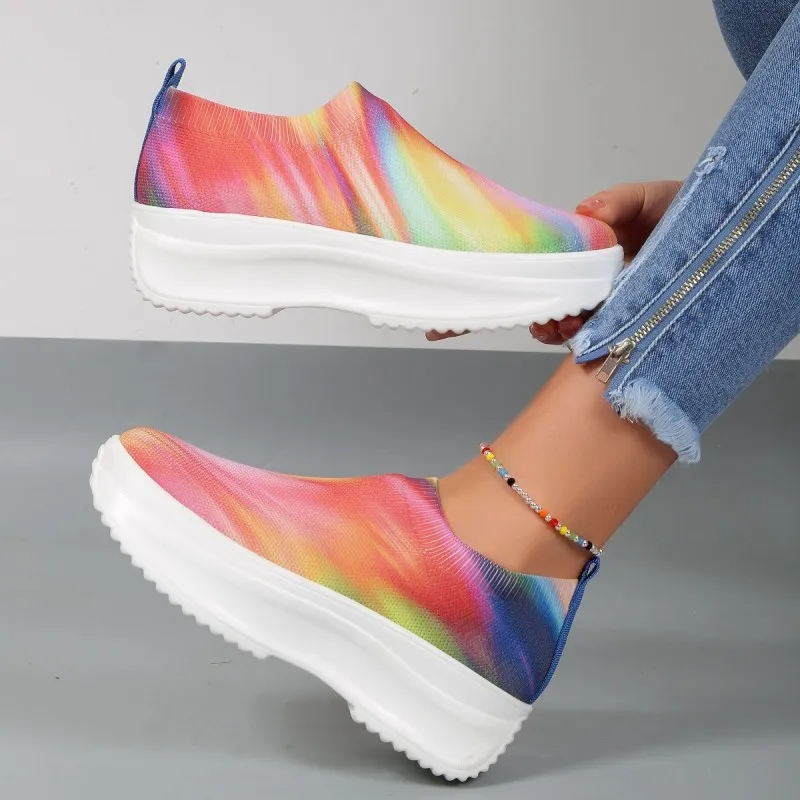 Women Fashion Plus Size Casual Thick-Soled Round-Toed Multicolor Fly-Woven Sneakers