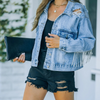 Women Fashion Street Style Ripped Tassel Washed Lapel Denim Jacket