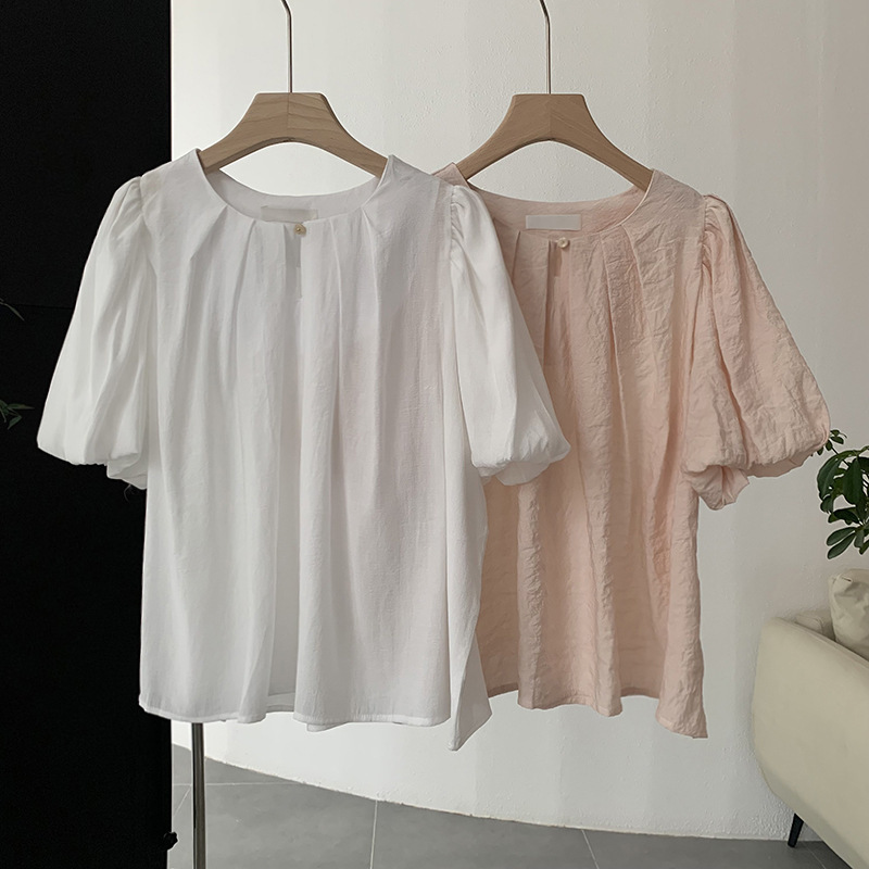 Summer Sweet Women Loose Round Neck Solid Color Puff Sleeve Blouse