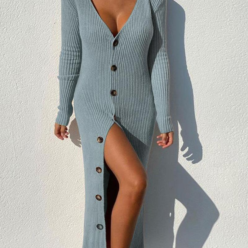 Women'S Fashion Knitted Rib-Knit Single-Breasted Long Sleeve Dress