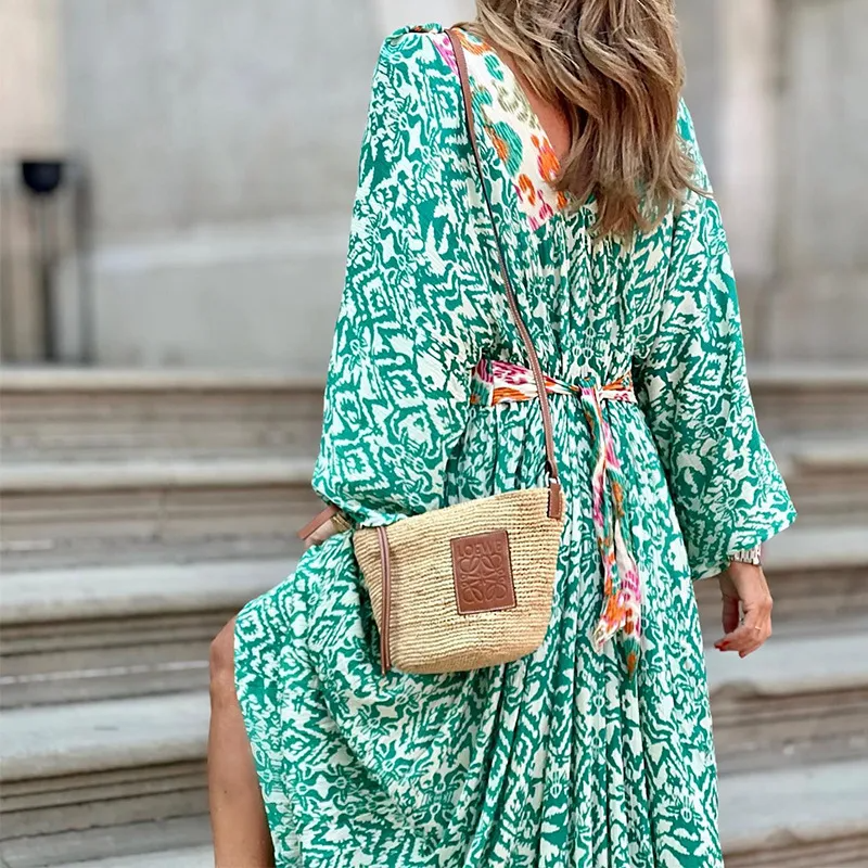 Women Ramadan /Eid  Fashion Casual Print Long Sleeve Maxi Dress