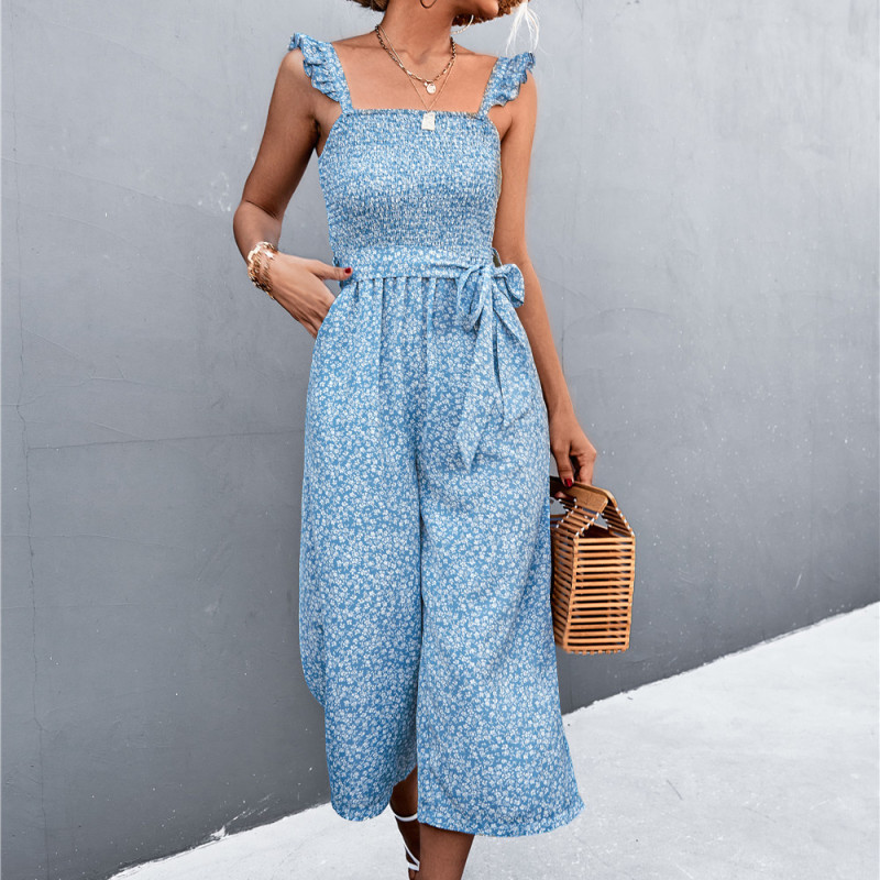 Women Bohemian Summer Ruffled Sleeves Bandage Tiny Flower Printed Loose Wide Legs Jumpsuits