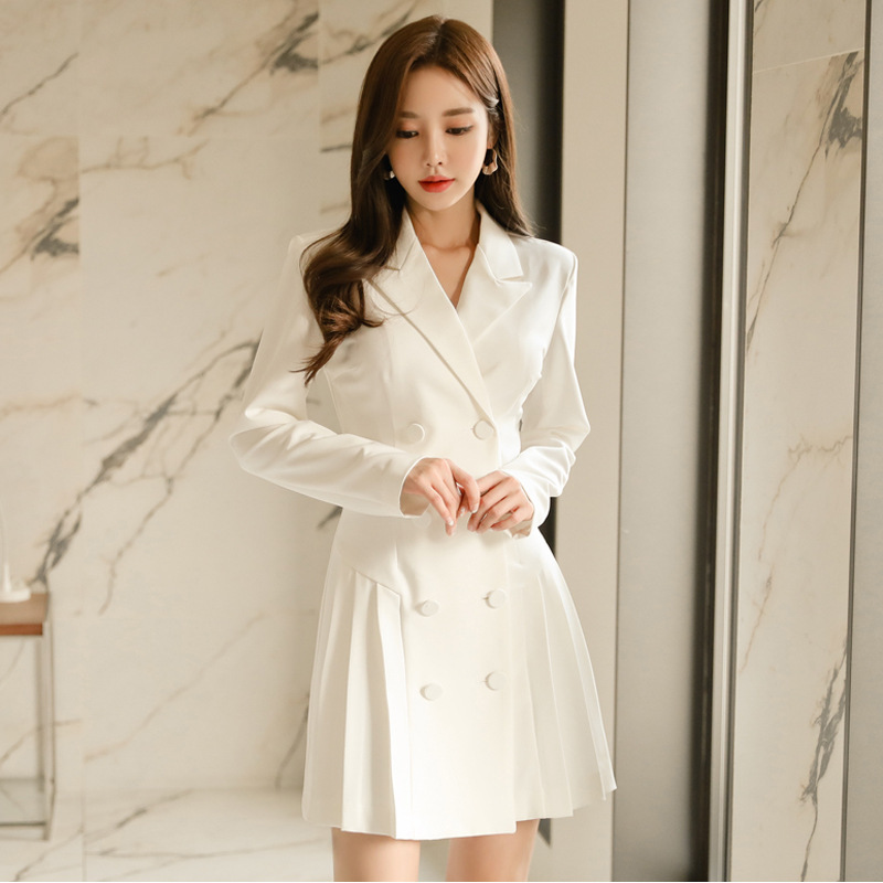 Women Fashion Elegant Double-Breasted Defined Waist A-Line Blazer Dress