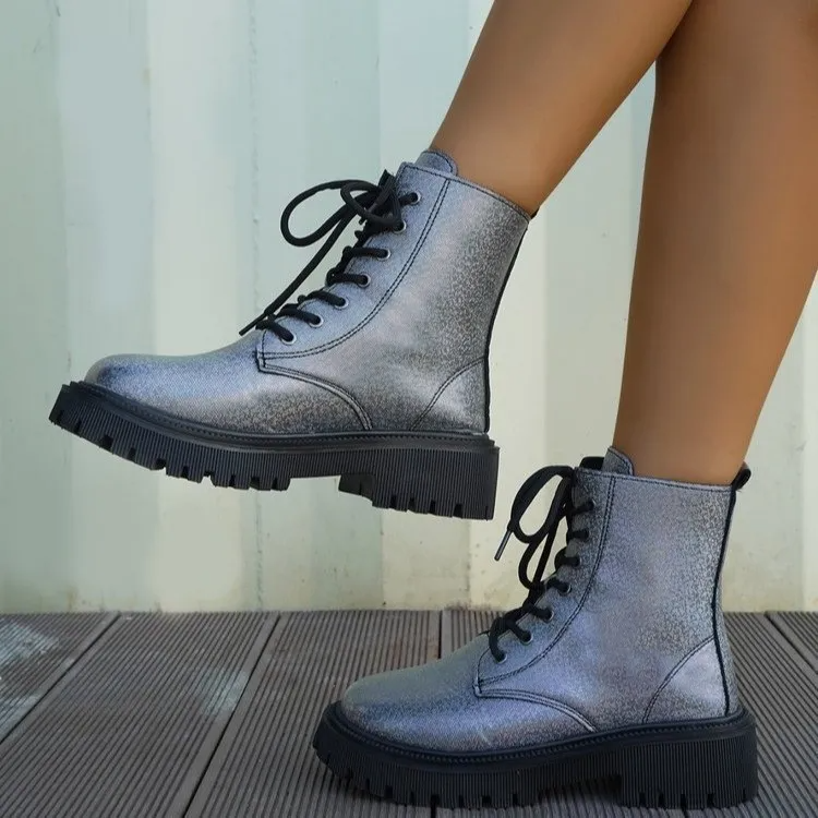 Women Vintage Lace-Up Plus Size Casual Pu Leather Combat Boots