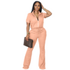 Women'S Spring And Summer Short-Sleeved Zipper Jacket Bell-Bottom Pants Casual Two-Piece Suit