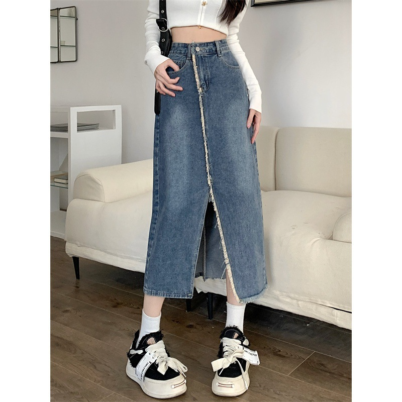 Women Fashion High Waist Slit Denim Skirt