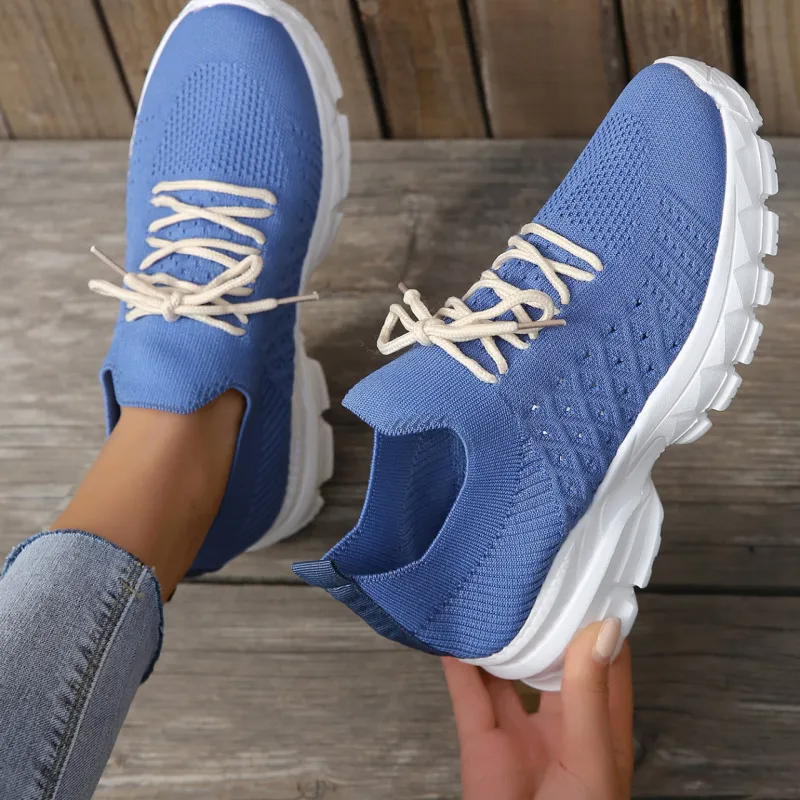 Women Fashion Casual Plus Size Breathable Flying Woven Lace-Up Thick-Soled Sneakers