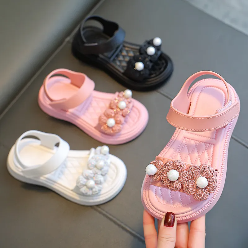 Children Kids Baby Fashion Girls Flower Pearl Casual Sandals Soft Bottom Shoes