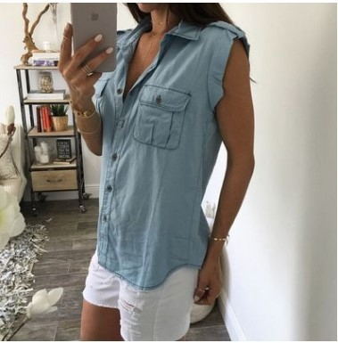 Women'S Fashion Casual Loose Sleeveless Single-Breasted Denim Shirt