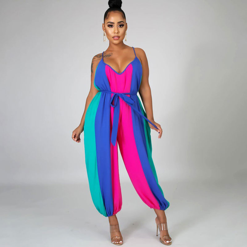 Women Casual Rainbow Print Loose Sling Lace-Up Jumpsuit