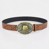 Men Fashion Casual Boho Solid Color Carving PU Metal Buckle Belt